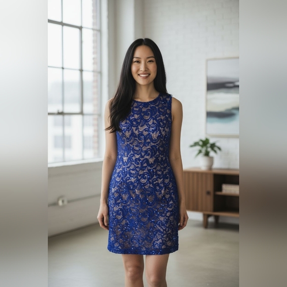 SEQUIN HEARTS Elegant Blue Lace Dress SIZE 1 - Picture 1 of 10